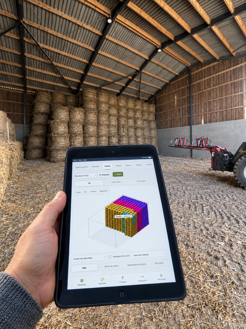 L'application au hangar affichant le plan 3D du dépôt de ballots